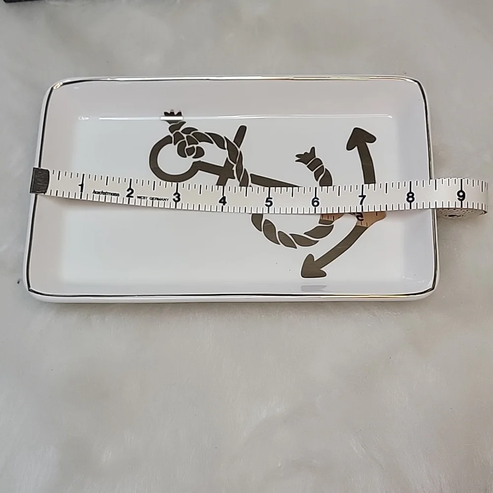 J.CREW NeW White Silver Printed Anchor Nautical Preppy Boho Jewelry Trinket Tray